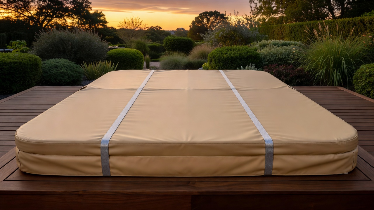 Spa cover secured with wind straps at twilight